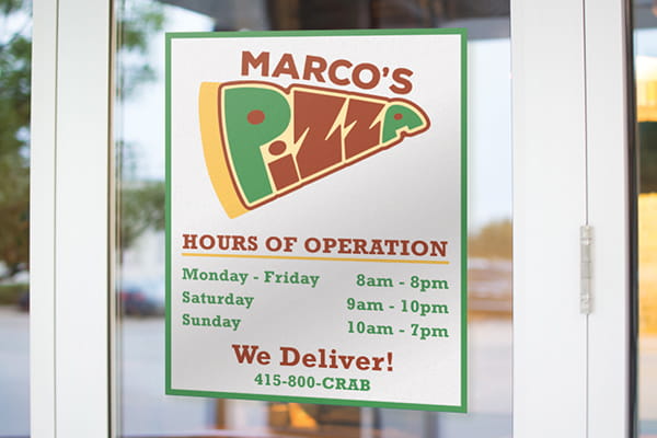 Communicate your up-to-date hours of operation and delivery methods using window decals